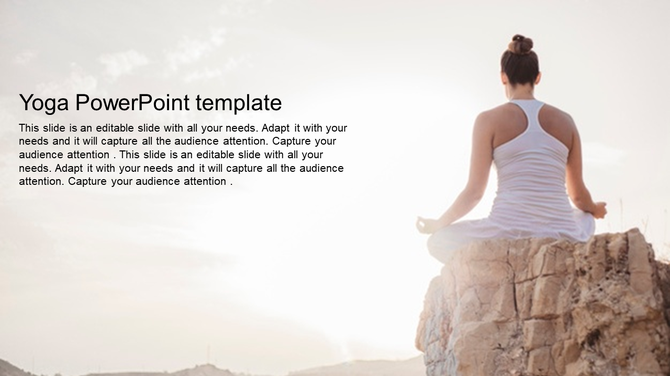 Yoga PowerPoint template with a person practicing meditation on a rock in nature with placeholder text.