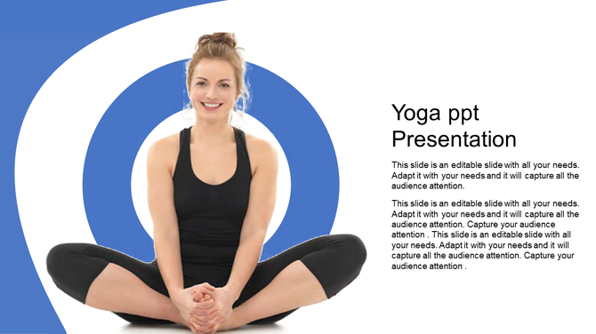 Yoga slide with a smiling woman in a seated butterfly pose on the left, and a text box on the right with a blue swirl.