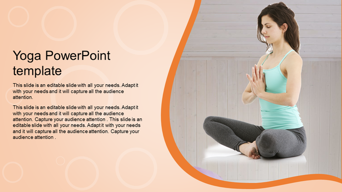 Yoga slide with a woman in a meditative pose, framed by curved orange accents, and text on the left with floating circles.