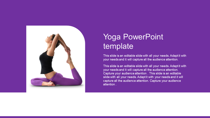 Yoga themed slide with a woman in a flexible pose on the left, framed by a white curve, and a purple text area.