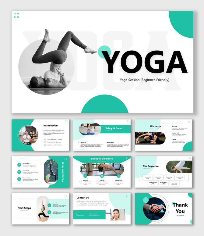 Yoga slide with a woman performing a pose and text area for content on a yellow background.