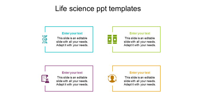 Four colored boxes in teal, green, purple, and yellow, each with icons, related to life science topics.