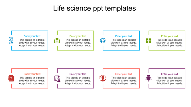 Life science PowerPoint template with eight sections, each featuring a unique icon with placeholder text on a white backdrop.