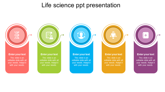 Life science slide with vertical rounded banners in red, green, blue, yellow, and purple, each featuring a circular icon.