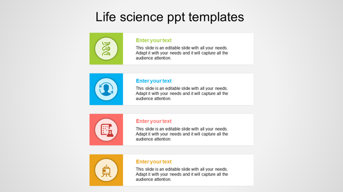 Slide with four square icons in green, blue, red, and yellow, each symbolizing a life science topic with text.