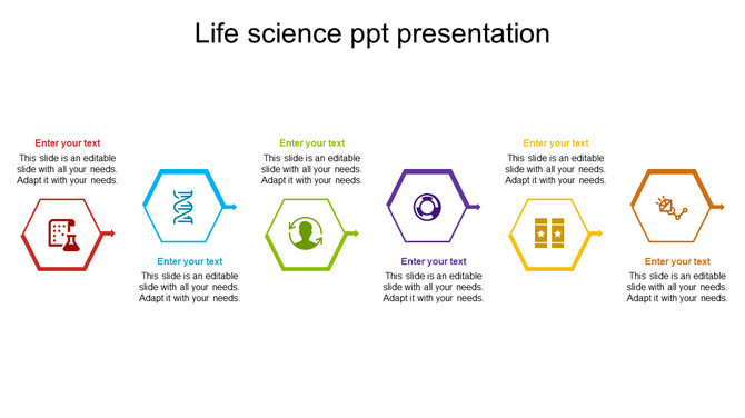 Slide featuring six colorful hexagons in red, blue, green, purple, yellow, and orange, with science themed icons inside.