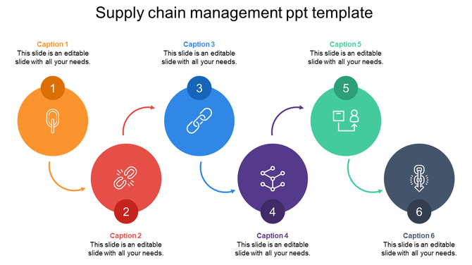 Supply chain management PowerPoint template with numbered arrows and colorful circles with icons for each step.