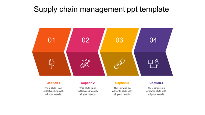 Supply chain template with four 3D arrows in orange, pink, yellow, and purple, each with a number and caption.