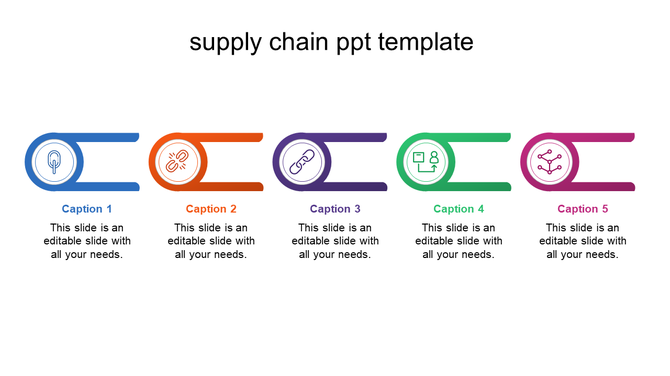 Minimalist supply chain flowchart with five elements, each enclosing an icon and linked to captions in matching colors.