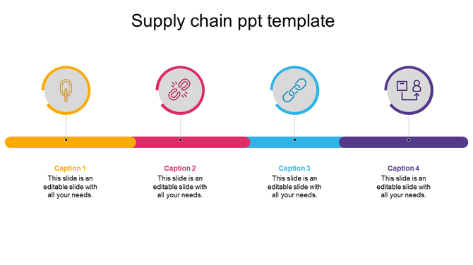 Supply chain timeline with six connected steps in blue, orange, pink, purple, and green, each featuring circular icons. 
