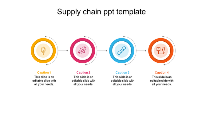 Supply chain PowerPoint template with colorful circular icons representing various stages, each linked by arrows.