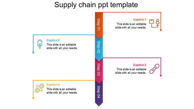 Vertical layout with four steps, each represented by colorful arrows in orange, blue, pink, and purple with icons.