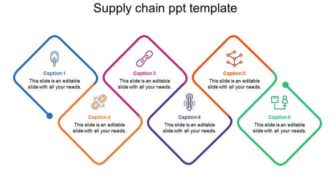 Supply chain design with six linked diamond-shaped elements, each labeled with an icon and caption areas.