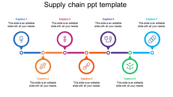 Supply chain PowerPoint template with colorful icons representing different stages, linked by arrows.
