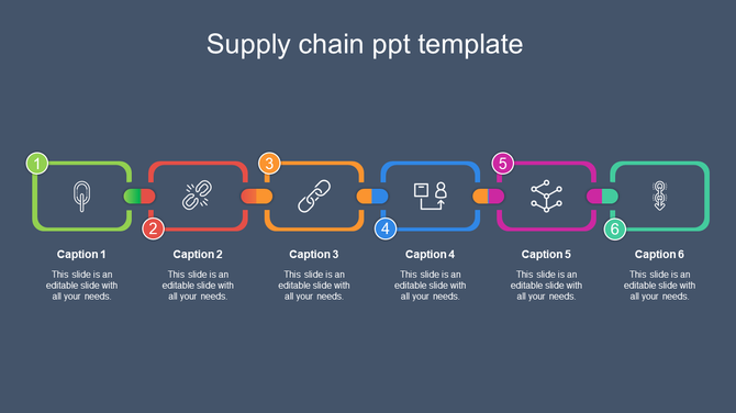 Colorful supply chain infographic featuring six rectangular steps with icons, outlined in neon colors on a dark background.