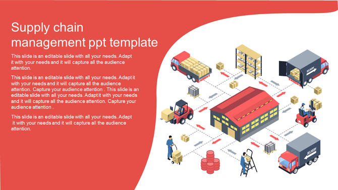 Illustration showing supply chain management with forklifts, warehouses, and delivery trucks, indicating the flow of goods.