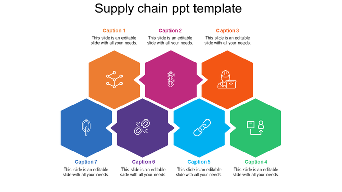 A supply chain template with six hexagons, each containing an icon and a caption area, showing the flow of the process.