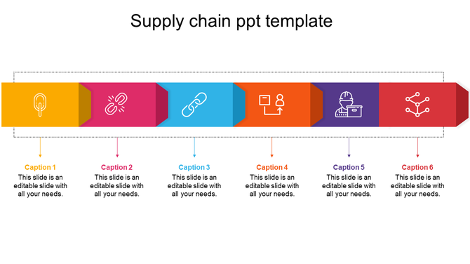 Supply chain template showcasing six colorful blocks with icons and captions, arranged in a linear sequence.
