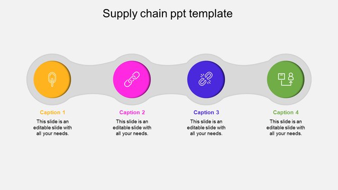 Supply chain PPT template featuring four colorful icons and captions with placeholder text on a white theme.