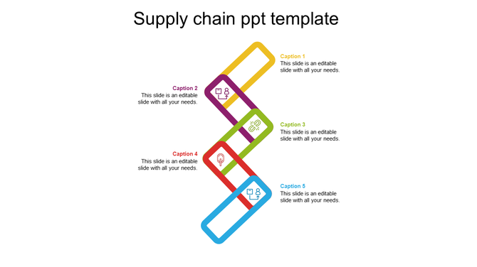 Colorful supply chain PowerPoint template with five steps linked by lines and icons with captions.