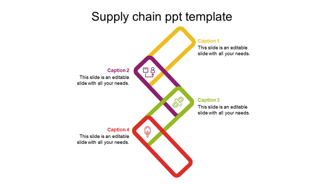 Diagonal flow diagram with four interlinked rectangles in yellow, purple, green, and red, each linked to captions.