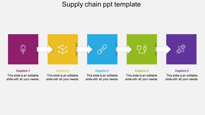 Colorful supply chain process PPT template with five sections, each with an associated icon and captions on a white backdrop.