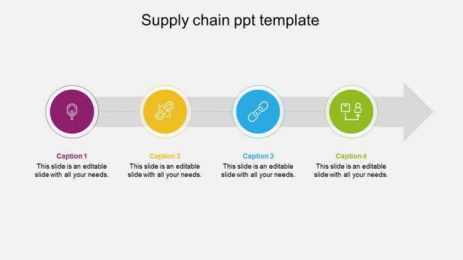 Minimalist supply chain flowchart with four connected circles on a gray arrow, each containing an icon and matching caption.