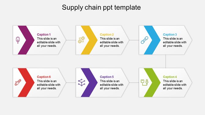 Supply chain diagram with arrow-shaped text boxes in two rows, each featuring an icon and caption in different colors. 