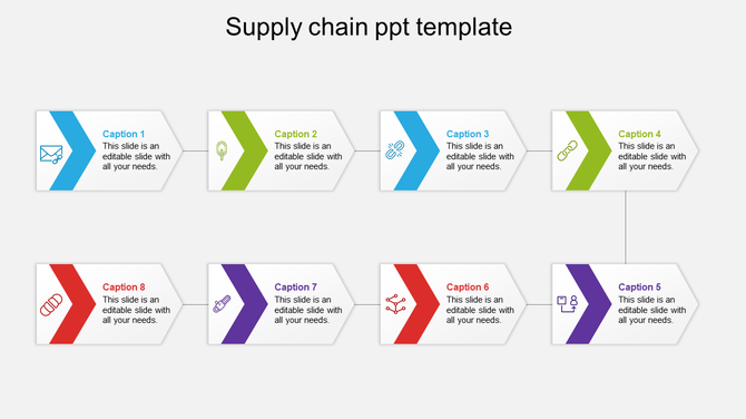 Hierarchical supply chain flowchart with chevron-shaped segments branching into two levels, each labeled with an icon.