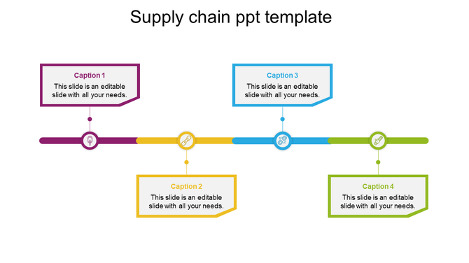 Colorful supply chain PowerPoint template with four colored caption boxes and icons.