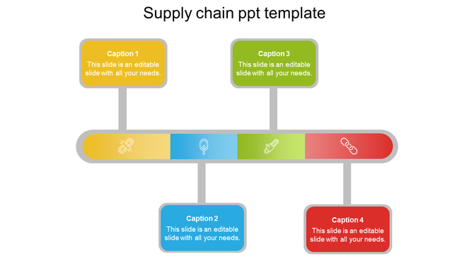 Supply chain PowerPoint template with colorful captions each with text and corresponding icons on a white backdrop.