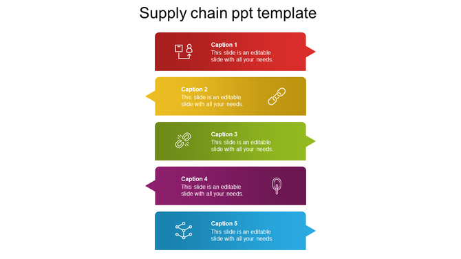 Supply chain slide with five colorful sections in red, yellow, green, purple, and blue, each with an icon and captions.