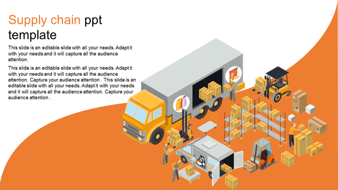 Illustration of a truck unloading boxes with workers and forklifts, set against an orange background with captions.