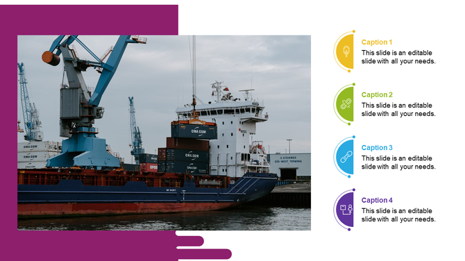 Cargo ship at port and containers being loaded with pink accents, and colorful captions in yellow, green, blue, and purple.