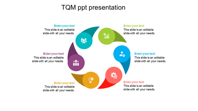 Total quality management infographic with six curved shaped elements in different colors, each containing an icon and text.