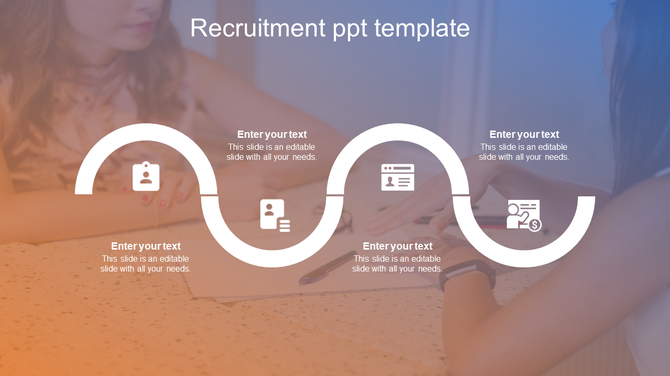 Recruitment infographic with a wavy white process flow featuring three icons over a background of two people in discussion. 