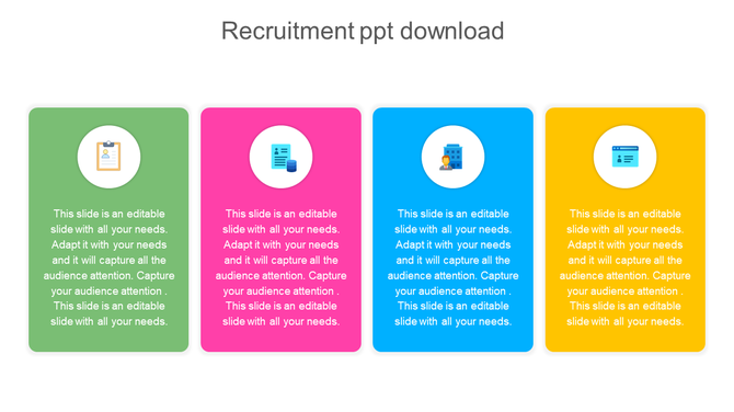 Recruitment design slide with four vertical color-coded boxes in green, pink, blue, and yellow, each featuring an icon. 