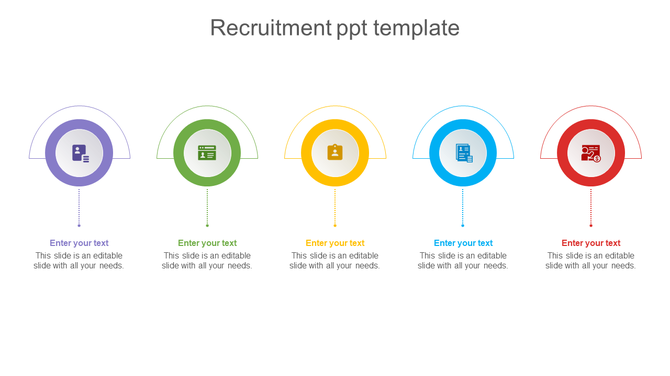 Recruitment PowerPoint template showing five stages, each with a color coded icon representing various recruitment steps.