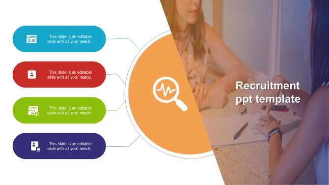 Orange circle with magnifying glass icon linked to four colored labels, on a background of two people having a discussion.