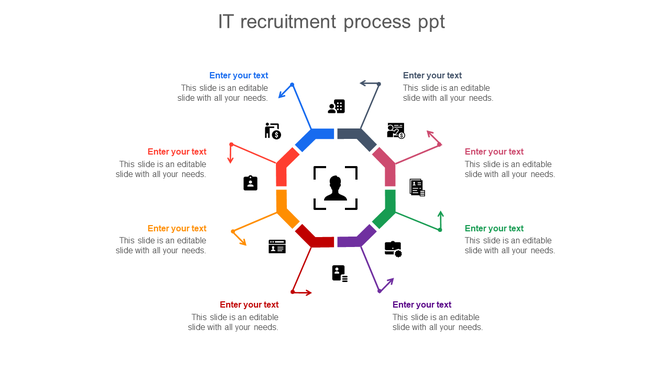 IT recruitment process PowerPoint slide with colorful circular flow and multiple stages for recruiting IT professionals.