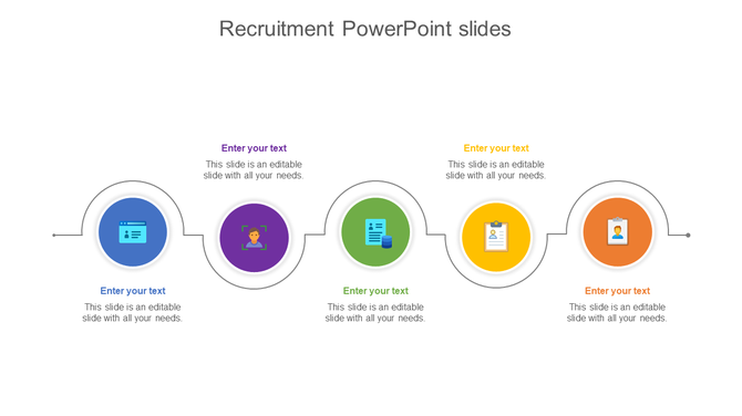 Four circular icons in blue, purple, green, yellow, and orange, each representing the recruitment process, with text.