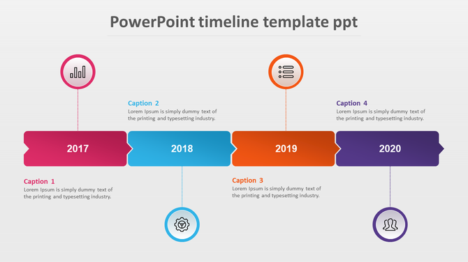 Horizontal timeline with four blocks in pink, blue, orange, and purple, featuring circular icons and placeholder text.