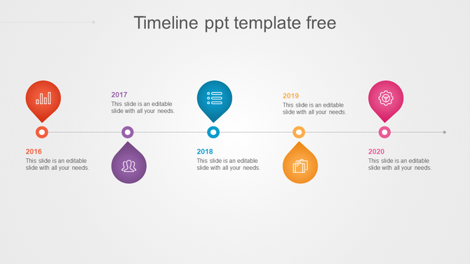 Timeline PowerPoint template featuring colorful icons for the years 2016 to 2020 with placeholder text.