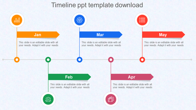 Timeline template with five colored arrows, icons, and  placeholders text areas along a horizontal line.