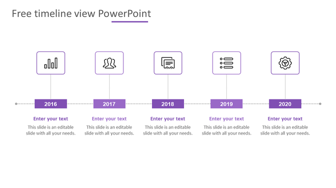 Purple themed timeline with six year markers, each represented by a rectangular shape, linked by dotted lines.