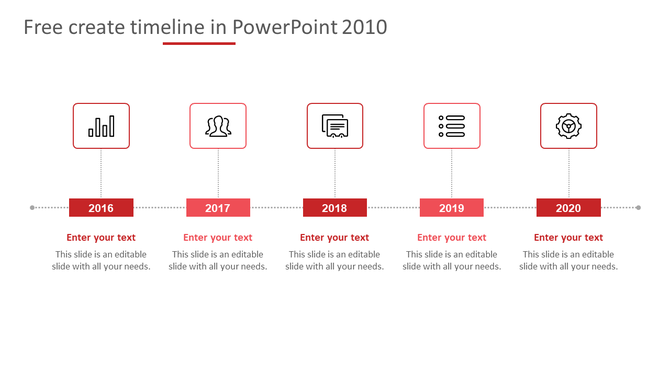 Timeline PPT slide in 2010 with a five step process from 2016 to 2020, featuring red color coded icons and placeholder text.