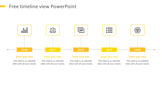 Minimalist horizontal timeline with yellow year blocks,  connectors, and icons above each milestone from 2016 to 2020. 