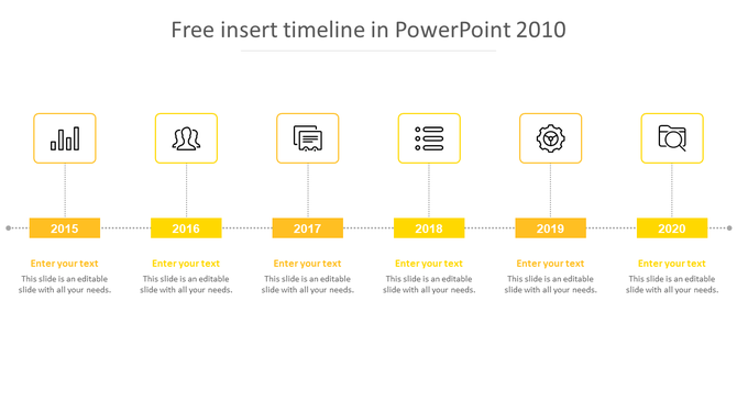 PPT slide showcasing a timeline from 2015 to 2020 with yellow icons representing different milestones with placeholder text.