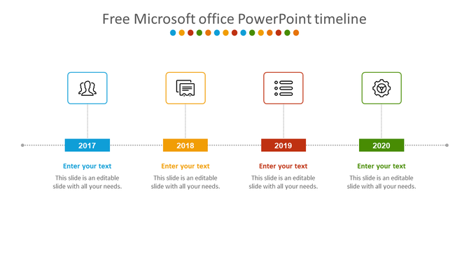 Minimalist timeline with four years, each featuring a color-coded label, an icon above, and a placeholder text below. 