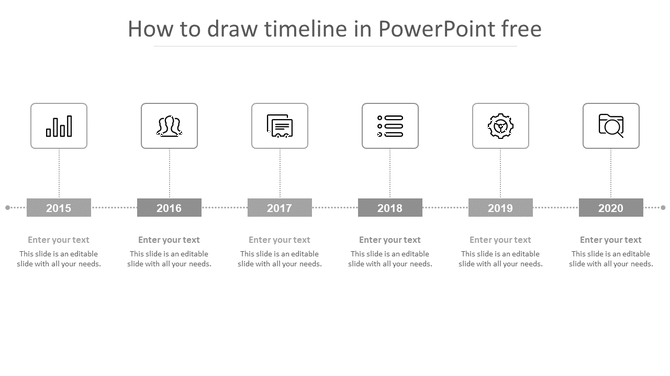 PPT slide showcasing a timeline from 2015 to 2020 with grey icons representing different milestones with placeholder text.